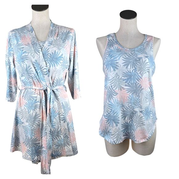 Tahari Robe and Tank Top Womens Medium White Blue Tropical Tie Front Beachy Soft